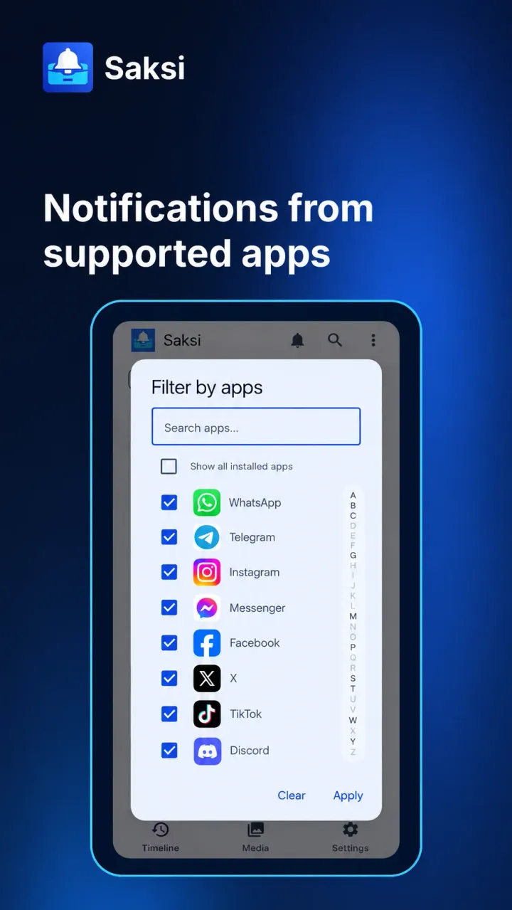 Illustration of an app filter list with WhatsApp, Telegram, Instagram, Messenger, Facebook, X, TikTok and Discord selected